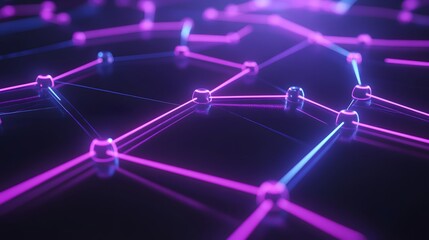Obraz premium Futuristic neon network with interconnected nodes and lines, representing data flow and digital connectivity on a dark background.
