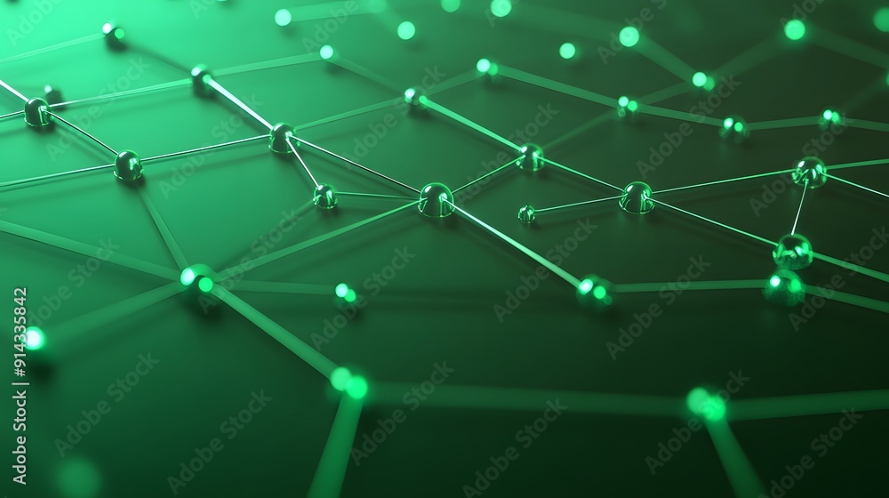 Poster green glowing connected network, abstract technology concept with nodes and lines for data visualiza