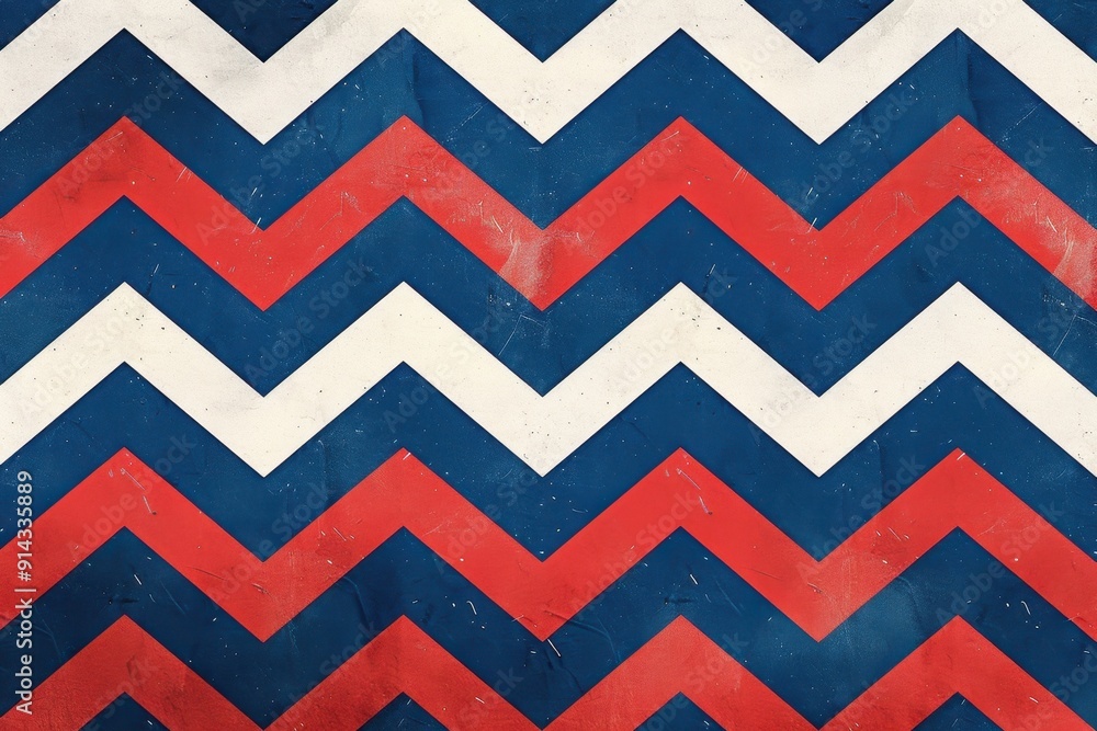 Poster the pattern is in the style of a chevron design with alternating red, white and blue stripes on a pl