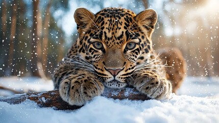 Obraz premium A serene leopard resting in the snow, showcasing its beautiful spot patterns under a snowy backdrop in a tranquil forest setting.