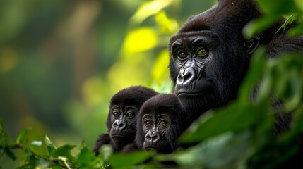 Obraz premium A serene moment featuring a mother gorilla and her two offspring in a lush green environment, showcasing their bond and natural habitat.