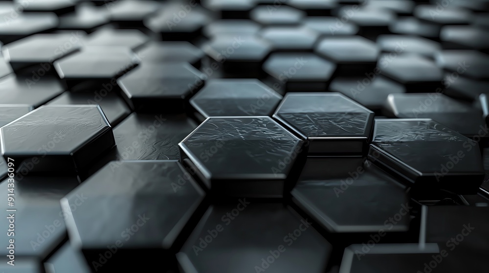 Poster Abstract black hexagonal tiles create a striking, modern surface pattern. Ideal for background or texture applications.