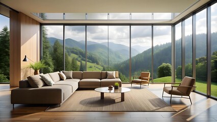 Fototapeta premium Embrace Tranquility with a Modern Lounge Overlooking Lush Green Hills Generative AI