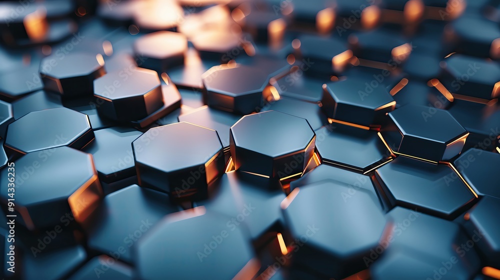 Poster abstract close-up of metallic hexagons with subtle lighting, creating a modern and industrial aesthe