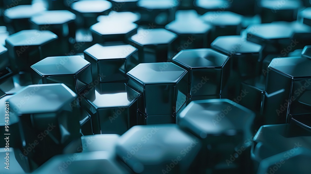 Poster a close-up view of interlocking hexagonal shapes with a shiny surface, creating a modern and texture