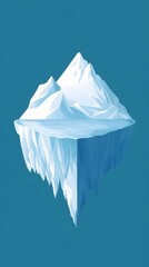 Obraz premium A large iceberg with a mountain peak floats in a blue sea. The iceberg is partially submerged, revealing its icy underside.