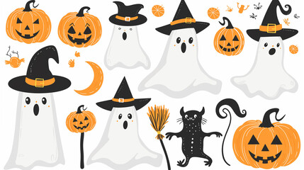 A collection of Halloween ghost cutouts featuring a pumpkin and witch hats, perfect for celebrating the spooky season.