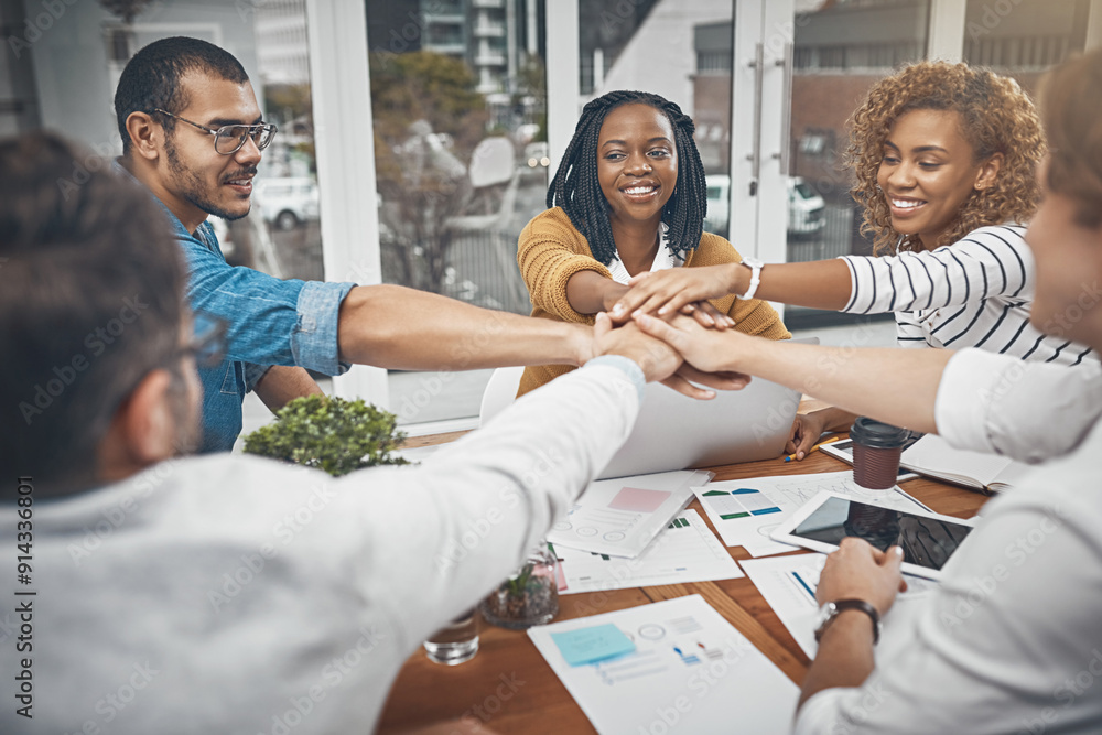 Wall mural People, diversity and hands together for team building, success and business meeting in office. Group, employees and happy for support, project and cooperation for collaboration, creativity or career