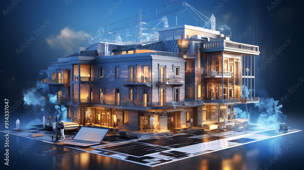 Poster 3d rendering of a building model with blueprints and a laptop, showcasing architectural design and v