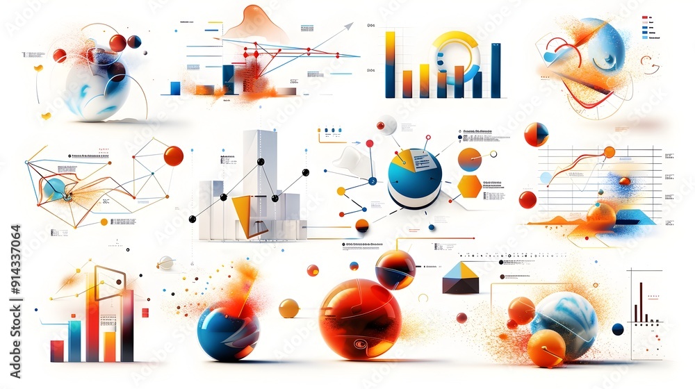 Poster abstract 3d infographic elements with colorful spheres and geometric shapes.