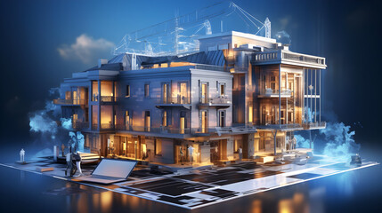 3D rendering of a building model with blueprints and a laptop, showcasing architectural design and visualization.