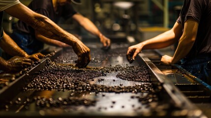 Workers carefully inspect and sort a stream of coffee beans on a conveyor belt in a factory.