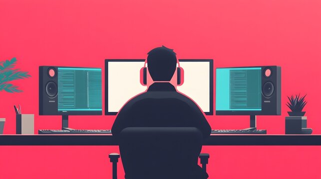 A programmer sits at a desk with three monitors, working on code.  The workspace is minimalist with a red background.