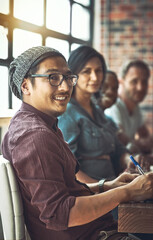 Man, group and portrait for meeting at startup agency at workshop for entrepreneurship, development...