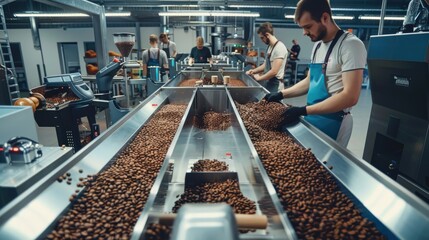 Obraz premium Workers in a factory sorting and processing coffee beans on a conveyor belt.