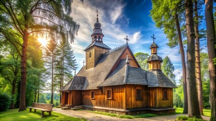 Obraz premium An Aerial Perspective of the Historic Wooden Church in Mi?dzyg?rze, Lower Silesia, Poland AI Generated