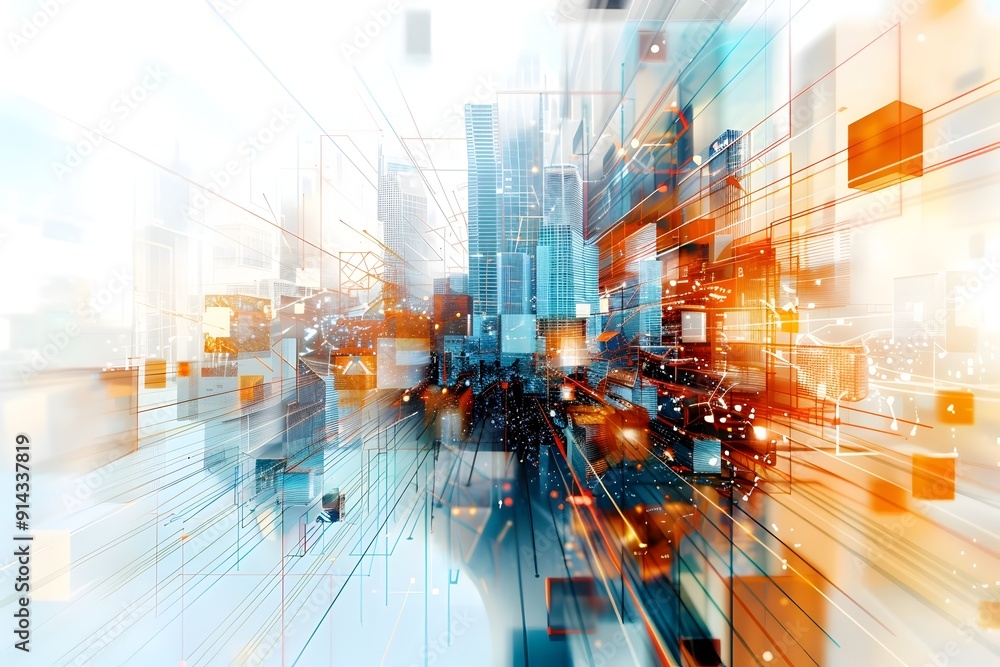 Poster abstract cityscape with lines and shapes.
