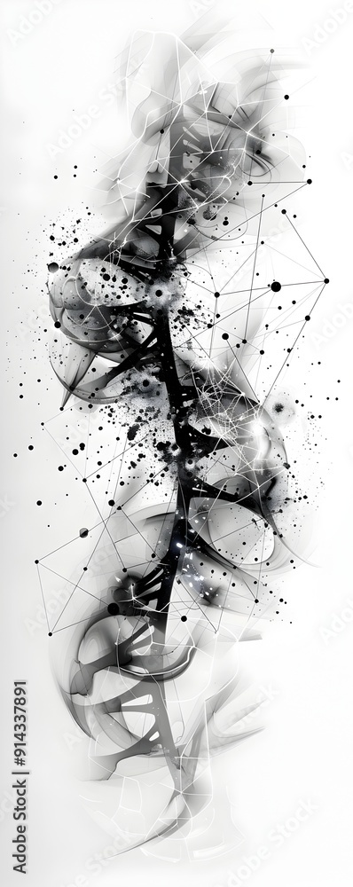 Poster abstract dna structure with geometric shapes and black splashes.