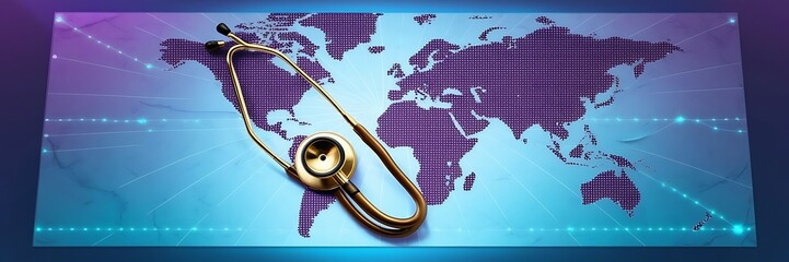 Global Healthcare Services Concept - Stethoscope on World Map. summer beach vacation or a business trip. Health and safety