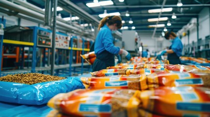 Workers in blue uniforms package food products on an assembly line.
