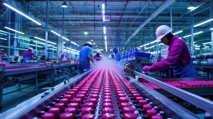 Workers on an assembly line in a factory, working on a production line with pink products.
