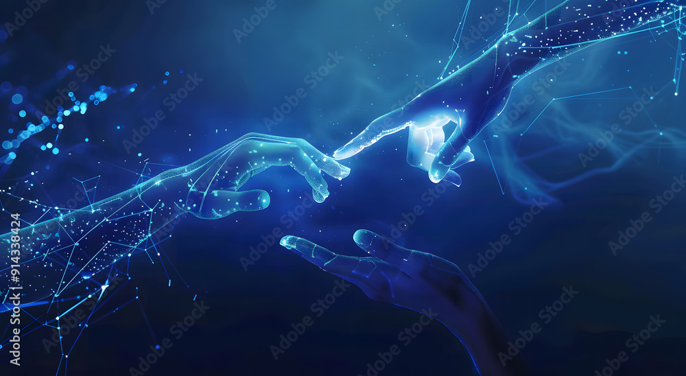 Poster machine learning, hands of robots and humans touching on big data network connection background, sci