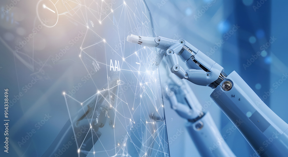 Poster machine learning, hands of robots and humans touching on big data network connection background, sci