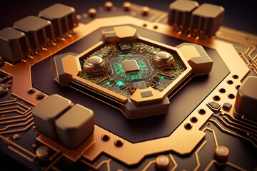 Close-up of a gold circuit board with a glowing green chip in the center.