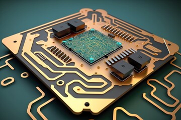Close-up of a gold circuit board with a green chip.