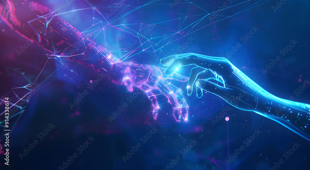 Poster machine learning, hands of robots and humans touching on big data network connection background, sci