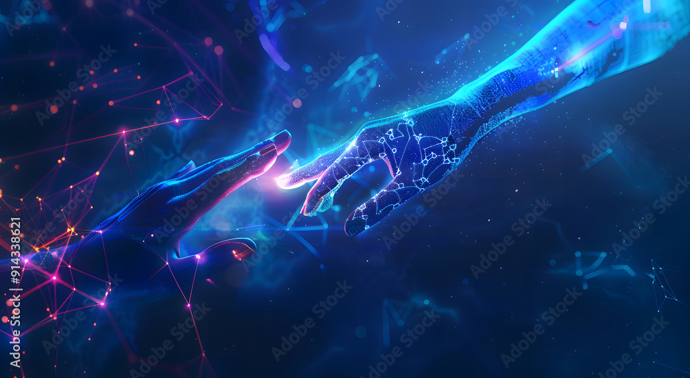 Poster machine learning, hands of robots and humans touching on big data network connection background, sci