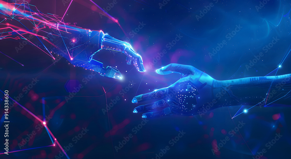 Poster machine learning, hands of robots and humans touching on big data network connection background, sci