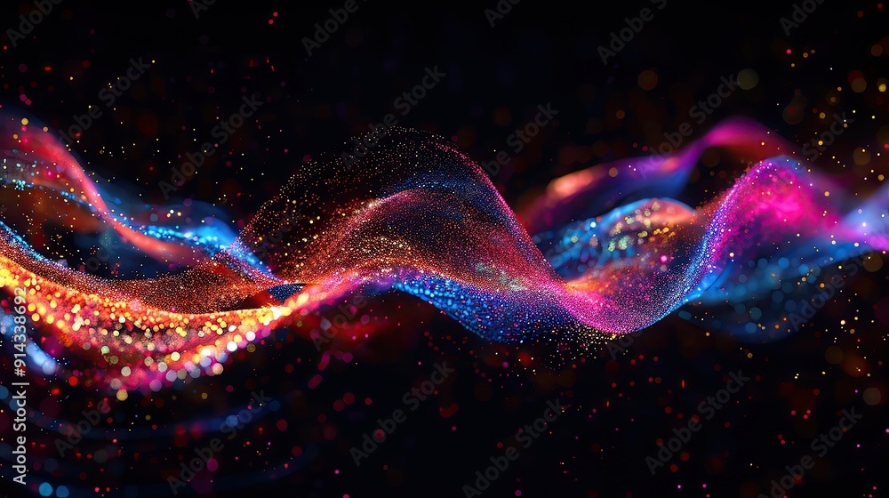 Poster vibrant abstract wave of colorful particles and light, creating a mesmerizing flow against a dark ba