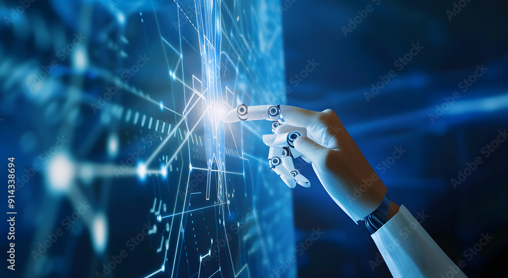 Poster machine learning, hands of robots and humans touching on big data network connection background, sci