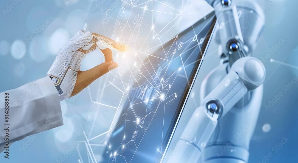 Poster machine learning, hands of robots and humans touching on big data network connection background, sci