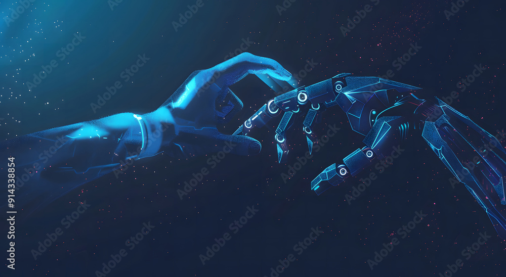 Poster machine learning, hands of robots and humans touching on big data network connection background, sci