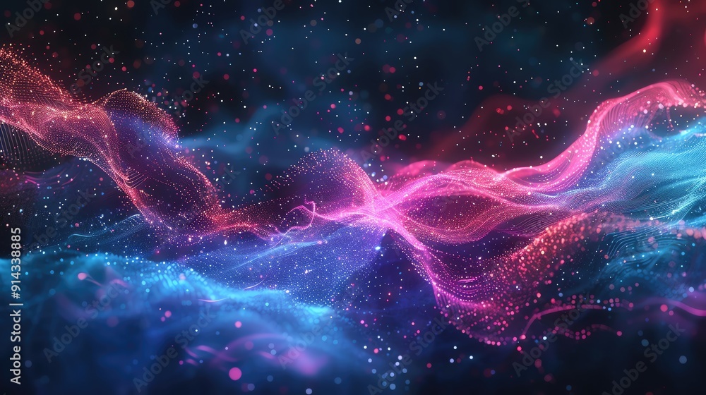 Poster abstract digital art featuring vibrant waves of color and light, creating a dynamic and immersive at