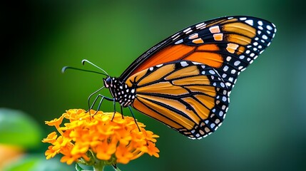 Naklejka premium A vibrant monarch butterfly perched delicately on a bright orange flower, showcasing stunning colors and intricate patterns.