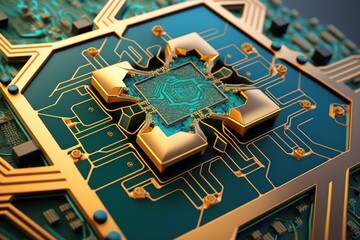 Close-up of a gold circuit board with a green chip.