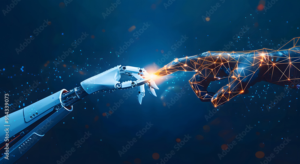 Poster machine learning, hands of robots and humans touching on big data network connection background, sci