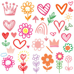 Collection of hand-drawn colorful charcoal doodle shapes. Pencil drawings isolated on white. Crown,rainbow, circular, stars,cloud, flowers, heart and grid doodle collage elements.