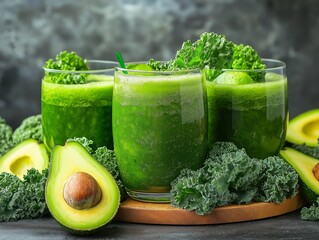 Three green smoothies in glasses with avocado and kale on a wooden board