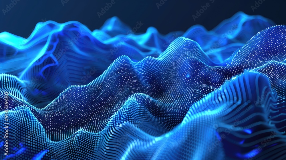 Poster a captivating abstract representation of blue waves undulating in a digital landscape, showcasing in