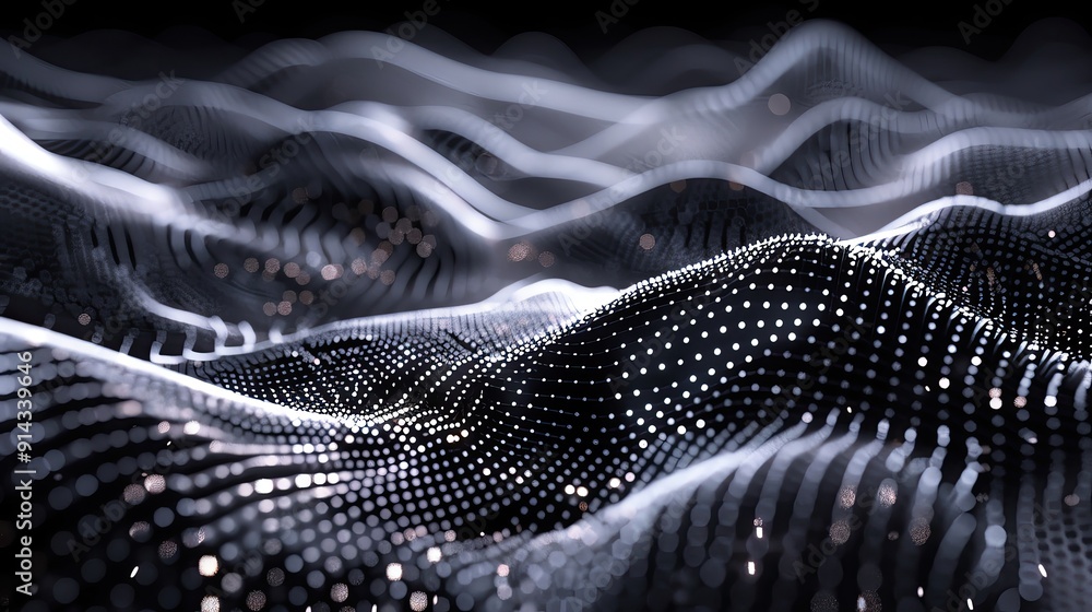 Poster abstract waves of light create a flowing texture in a dark background, reminiscent of digital art an