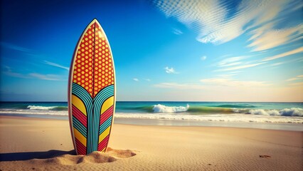 A vibrant pop art beach scene featuring a classic surfboard bathed in sunshine, with bold colors and playful comic book ele  Generative AI