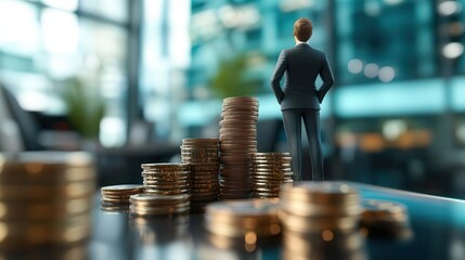 Employee standing among a pile of coins, symbolized stock market and economic
