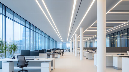 A large open space office with white columns and desks, large windows