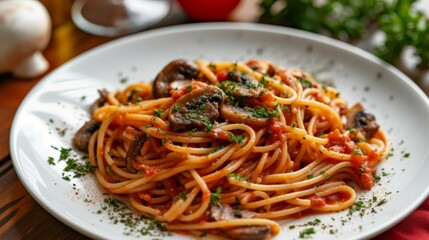 Plate of Italian pasta garnished with mushrooms and herbs