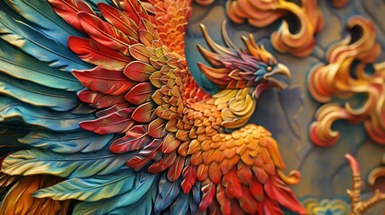 Close Up of a Phoenix with Red and Gold Feathers
