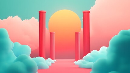 Abstract minimal scene with a sunset, red pillars and clouds.  Perfect for  backgrounds, branding or product placement.